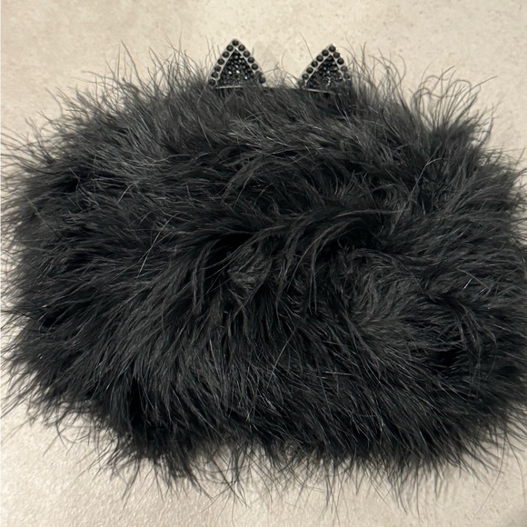 BCBGMaxAzria Handbags - BCBGMaxAzria Black Furry Clutch with Cat Ear Rhinestone Details